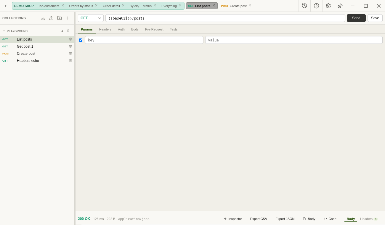 HTTP request builder with a live JSON response