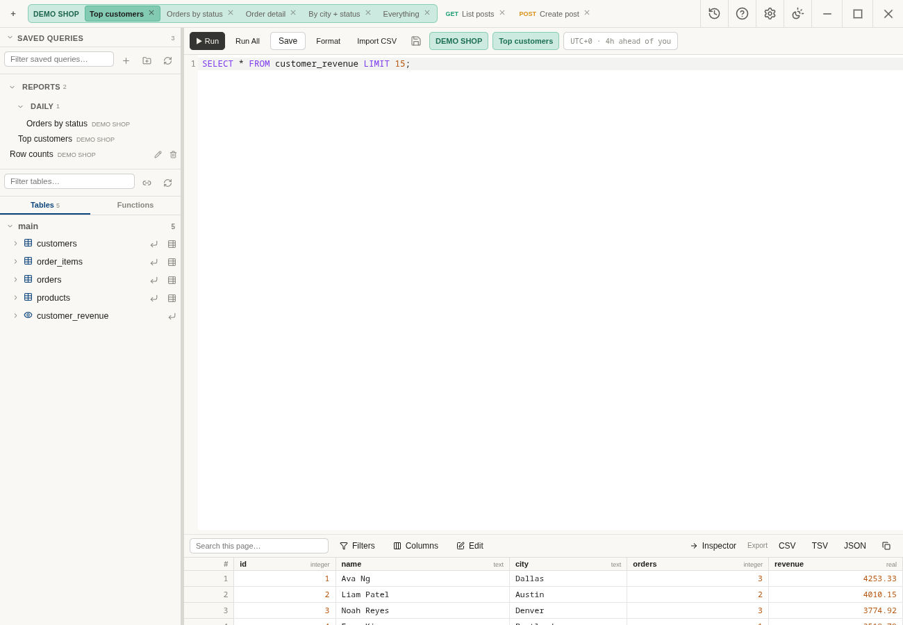 OG TestDesk SQL editor with a query result grid