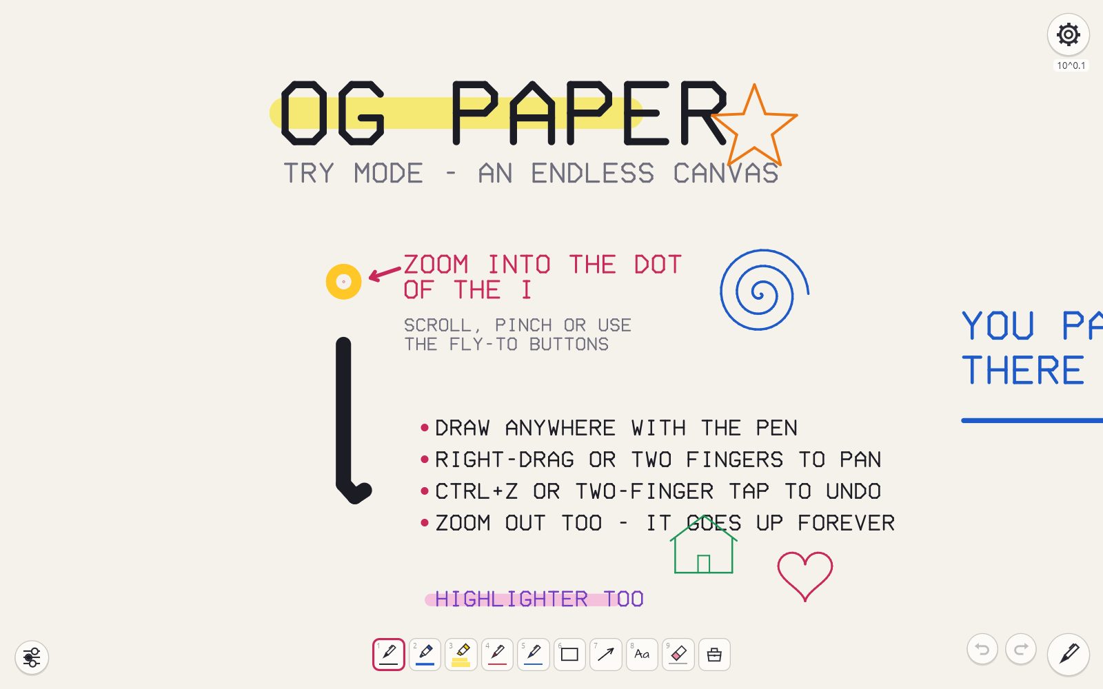 The OG Paper canvas: hand-drawn notes, shapes and a quick bar of saved tools